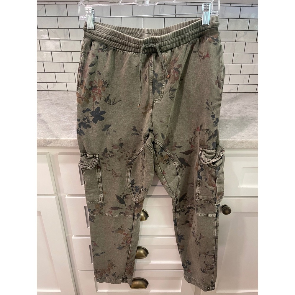 Sundance Cargo Pants Womens XS Green Floral French Terry Joggers Drawstring